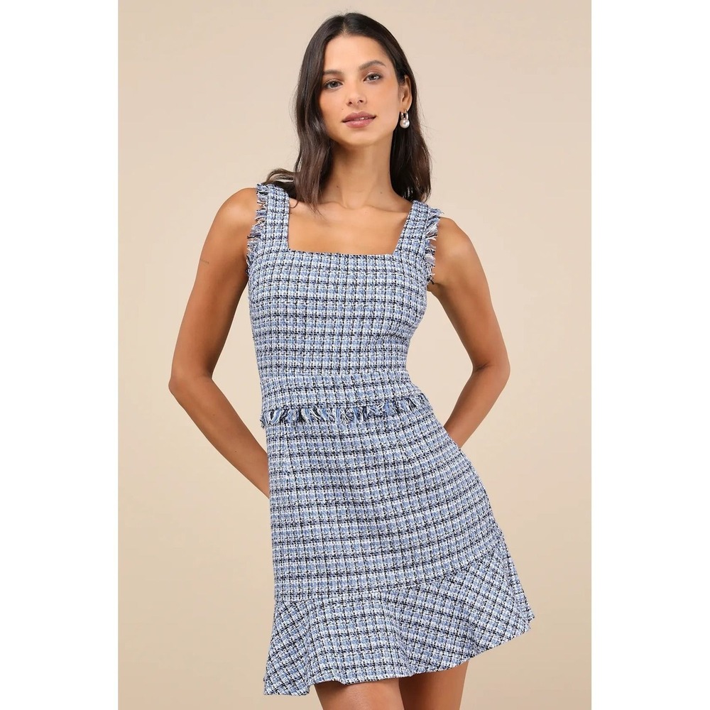 Lulus NWT Adorably Luxurious Blue Tweed Raw Edge Sleeveless Mini Dress - Small